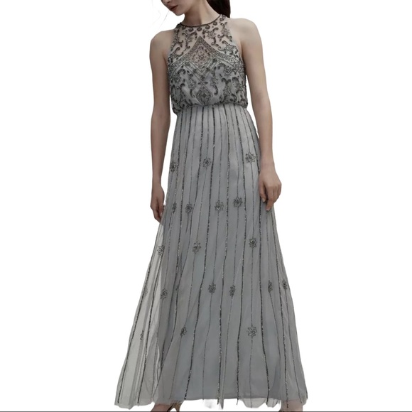 🥳HP BHLDN x Anthropologie Amada 0 /XS Blue Gray Beaded Embellished Blouson Maxi - Picture 8 of 10